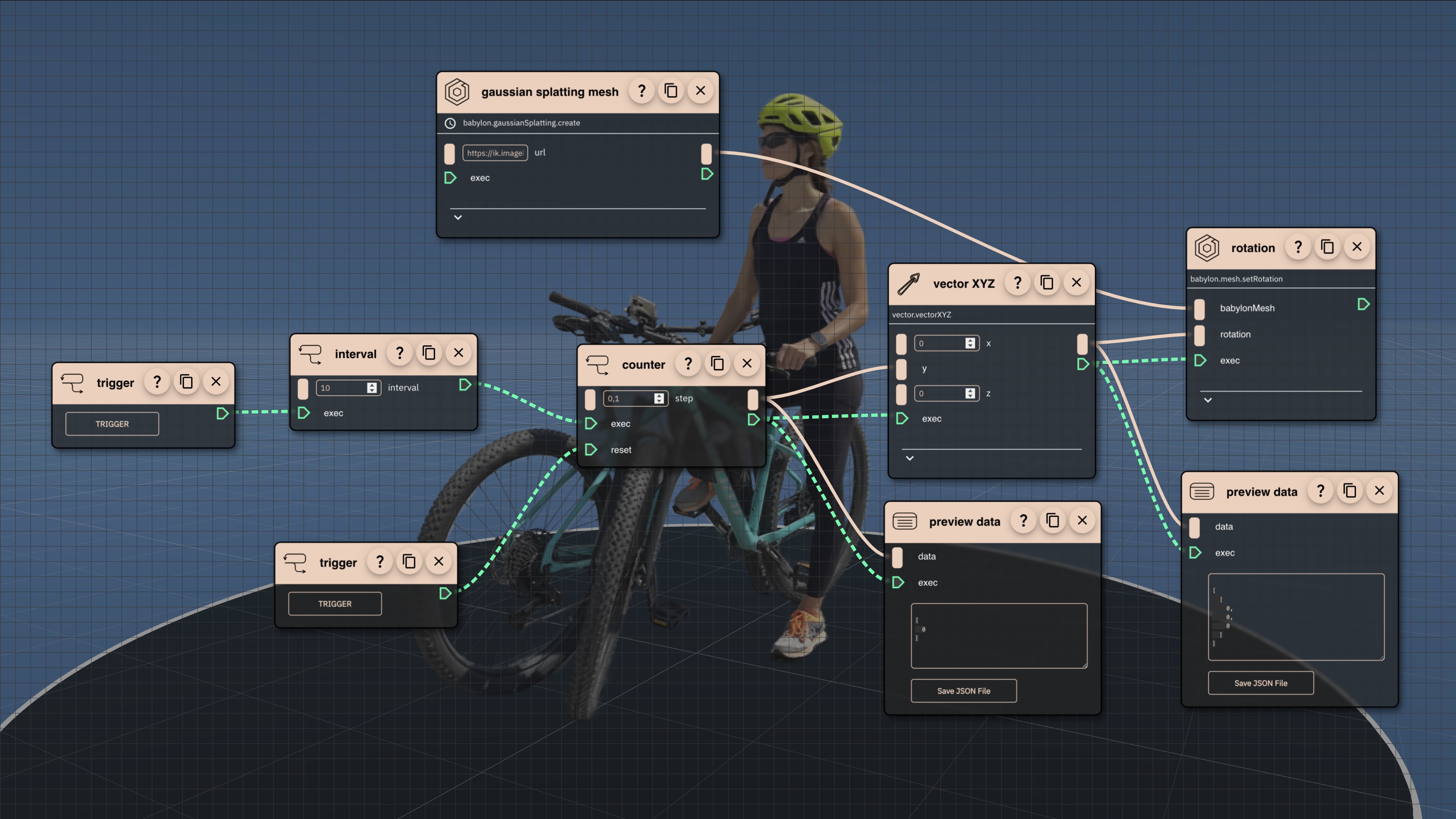 Screenshot of Rete editor and control flow diagram involving trigger interval and counter