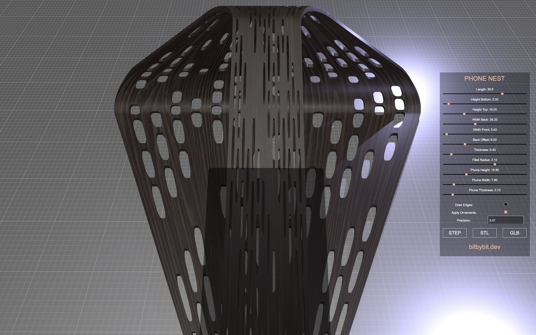 The phone nest holder 3D model top close up view picture of wide back dimension