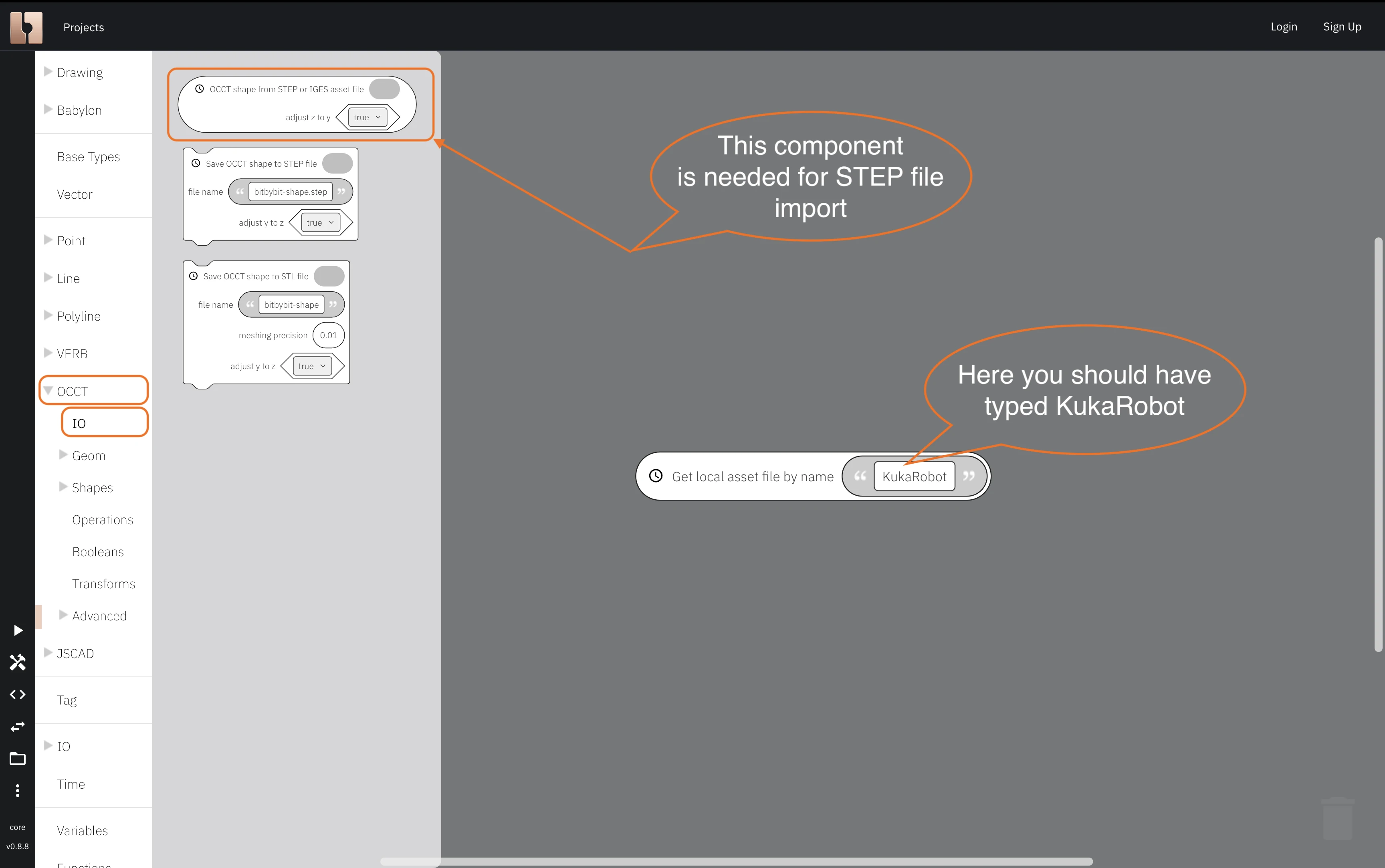 Image showing how to create OCCT shape from the step asset file