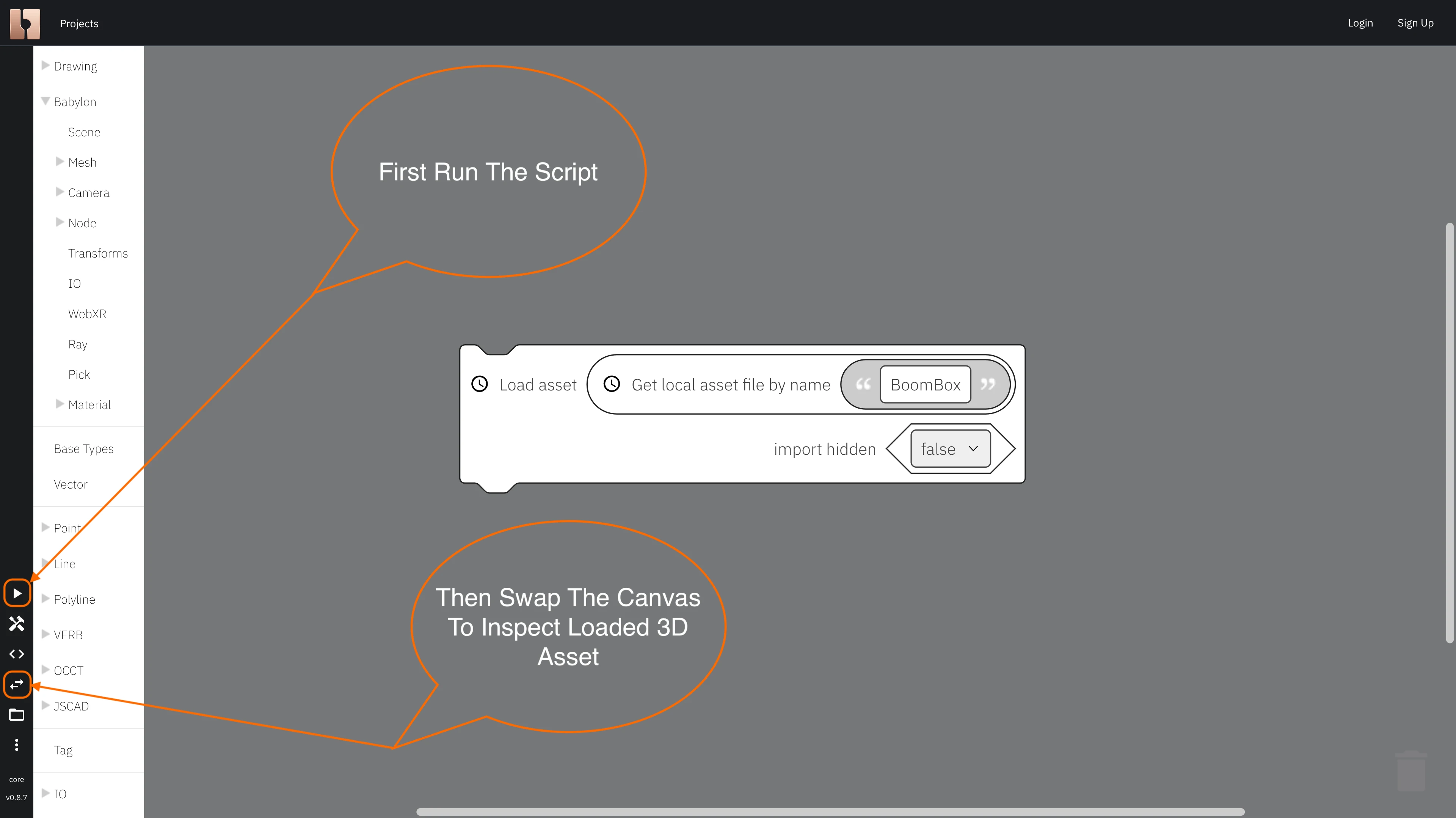 Image showing how most basic script of loading glb asset to scene should look like