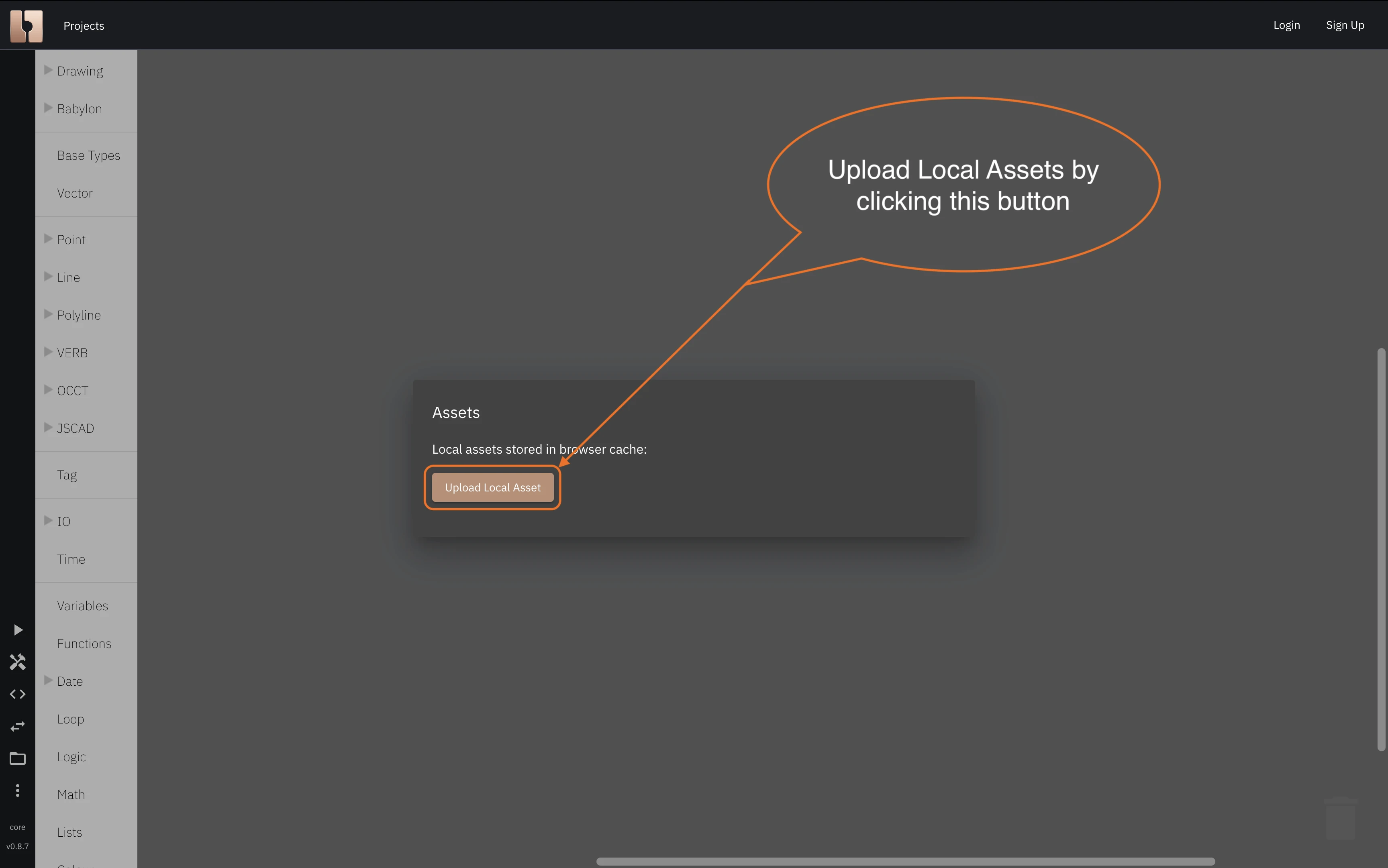 Image showing the button to upload local assets